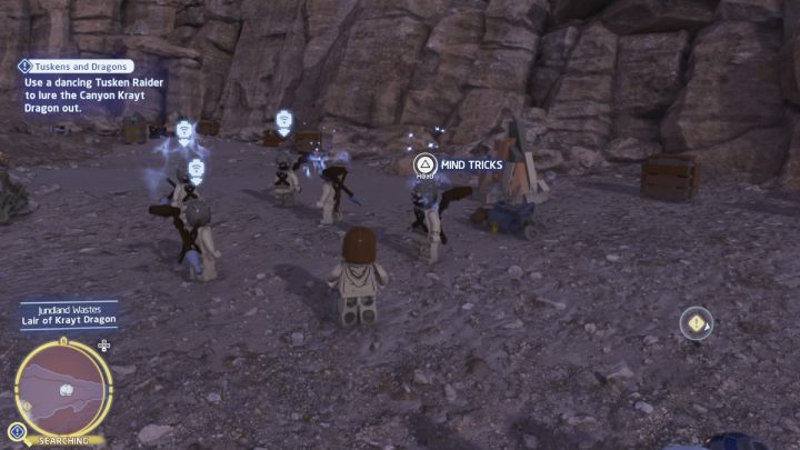 As a Jedi, approach the Tuskens standing by the canyon and use the Force on one of them - LEGO Skywalker Saga: Tuskens and Dragons - walkthrough - LEGO Skywalker Saga: Coruscant - federal district - LEGO Skywalker Saga Guide