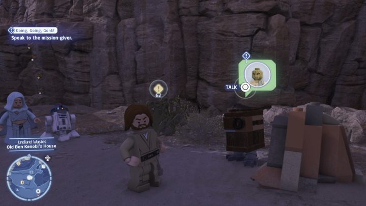 Talk to the quest giver in the desert and accept the task - LEGO Skywalker Saga: Going, Going, Gonk - walkthrough - LEGO Skywalker Saga: Tatooine - the desert of Jundland - LEGO Skywalker Saga Guide