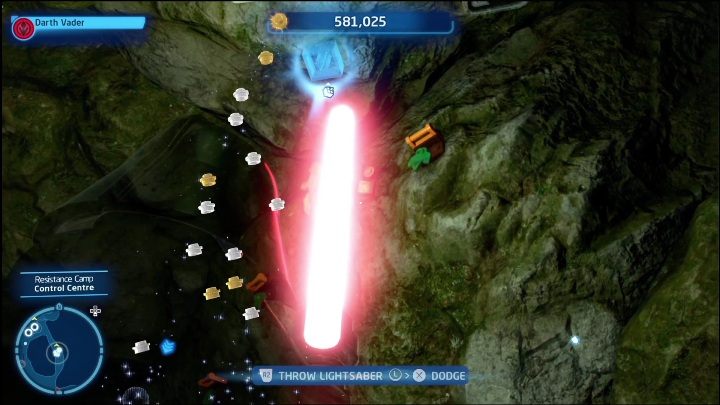 This brick is hovering right under the tunnel ceiling - LEGO Skywalker Saga: Resistance Camp - list of all puzzles - LEGO Skywalker Saga: Ajan Kloss - LEGO Skywalker Saga Guide