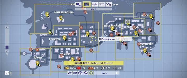 A Map of Municiberg. - General information about maps of challenges and golden bricks - Maps of challenges and golden bricks - LEGO The Incredibles Game Guide