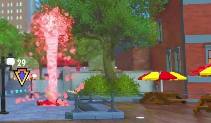 One of the pink streams in the Waterfront district. - Challenges in LEGO The Incredibles - Maps of challenges and golden bricks - LEGO The Incredibles Game Guide