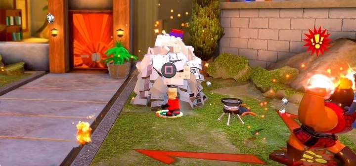 You can defeat the enemy by directing his attacks onto the falling balls of gray blocks. - Parrty House - Level 5 in LEGO The Incredibles Walkthrough - Walkthrough - LEGO The Incredibles Game Guide