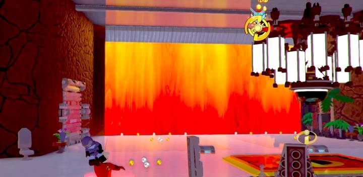 Throw Gazerbeam at the chandelier - this is the first activity you need to perform. - Return to Nomanisan Island - Level 10 in LEGO The Incredibles Walkthrough - Walkthrough - LEGO The Incredibles Game Guide