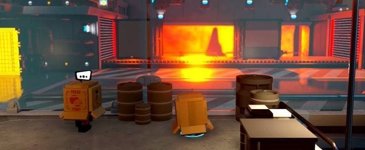 You can use boxes to hide, but you can also go through by hiding behind objects on the belt. - Return to Nomanisan Island - Level 10 in LEGO The Incredibles Walkthrough - Walkthrough - LEGO The Incredibles Game Guide