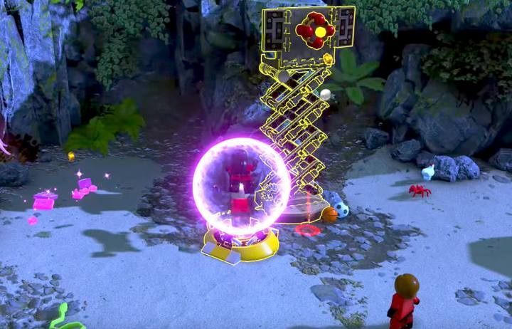 Build a platform and get to the top with Viola to collect the remaining purple bricks. - Above Parr - Level 11 in LEGO The Incredibles Walkthrough - Walkthrough - LEGO The Incredibles Game Guide