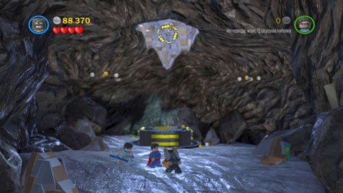 Use grip to get on the top of the dinosaur, destroy silver brick with rocket (picture) and jump to the fan - Unwelcome Guests | Walkthrough - Walkthrough - LEGO Batman 2: DC Super Heroes Game Guide & Walkthrough