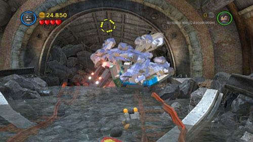 Once again wear power suit and destroy silver bricks in the tunnel (picture) - Underground Retreat | Walkthrough - Walkthrough - LEGO Batman 2: DC Super Heroes Game Guide & Walkthrough