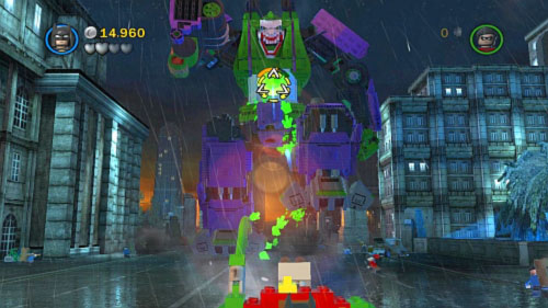When enemy is hurt start shooting to his chest (picture) until the orange bar decreased to zero - Core Instability | Walkthrough - Walkthrough - LEGO Batman 2: DC Super Heroes Game Guide & Walkthrough