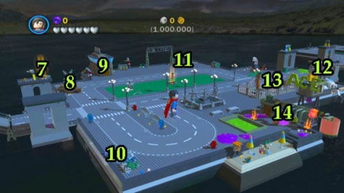 7 - Sensors suit - you can get him using magnetic suit (look at #13 - then move to the pillar on the left side of the bridge, get to the top using blue pipes and fly on the right pillar) or you can use Superman - Bonus level | Walkthrough - Walkthrough - LEGO Batman 2: DC Super Heroes Game Guide & Walkthrough