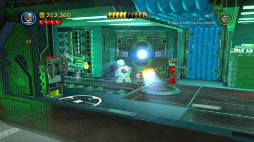 #05 - In this same place, use laser to destroy three golden objects on the doors on left side - Chemical Signature | Minikits - Minikits - LEGO Batman 2: DC Super Heroes Game Guide & Walkthrough