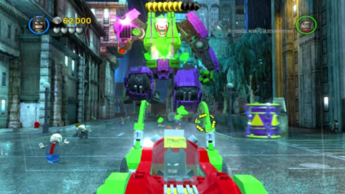 #05 - In the next part of the mission the violet boxes will start showing up on the sidewalks - Core Instability | Minikits - Minikits - LEGO Batman 2: DC Super Heroes Game Guide & Walkthrough