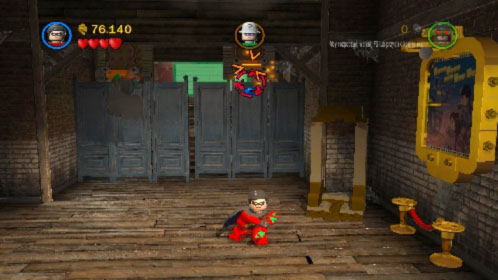 In the next area use hook on one of the grapping under the ceiling, change your hero (press U) and do it the same with him - Theatrical Pursuits | Walkthrough - Walkthrough - LEGO Batman 2: DC Super Heroes Game Guide & Walkthrough