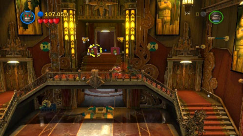 Beat opponent in the melee fight and start heading toward doors on the top of the stairs - Theatrical Pursuits | Walkthrough - Walkthrough - LEGO Batman 2: DC Super Heroes Game Guide & Walkthrough