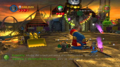 In the next section destroy part of the digger on the left and use bricks to build a cannon and push the green part of the lever (picture) - Harboring a Criminal | Walkthrough - Walkthrough - LEGO Batman 2: DC Super Heroes Game Guide & Walkthrough