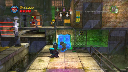 Use magnesium on blue containers in the background (picture) and use to leap on the higher platform where you will find another samples of chemicals - Chemical Crisis | Walkthrough - Walkthrough - LEGO Batman 2: DC Super Heroes Game Guide & Walkthrough