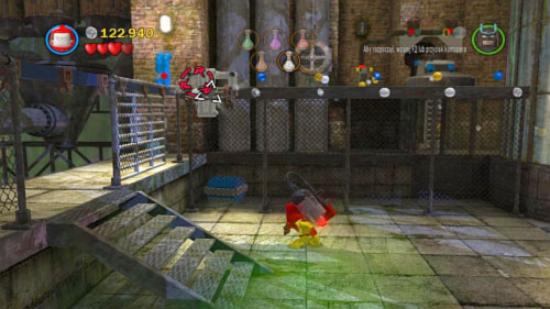 Return to Robin and throw Batarang at silver brick in left top corner (picture) - Chemical Crisis | Walkthrough - Walkthrough - LEGO Batman 2: DC Super Heroes Game Guide & Walkthrough