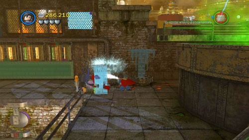 When the water starts to leak freeze it with Superman (picture) and jump to the platform on the right - Chemical Crisis | Walkthrough - Walkthrough - LEGO Batman 2: DC Super Heroes Game Guide & Walkthrough