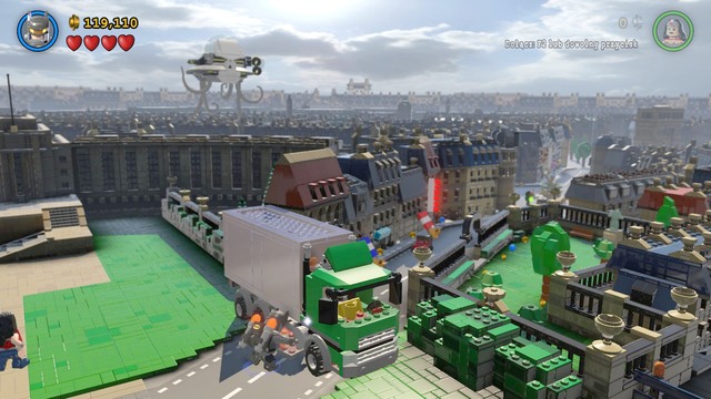 After collecting studs there, approach the truck blocking the way and destroy it using Batmans Power Suit - Europe Against It - Walkthrough - LEGO Batman 3: Beyond Gotham - Game Guide and Walkthrough