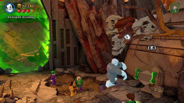 Once you have got to the other side of the bridge, switch characters to Grundy and pick up the object lying nearby, then aim it at the bricks hanging over you - All the Rage - Walkthrough - LEGO Batman 3: Beyond Gotham - Game Guide and Walkthrough