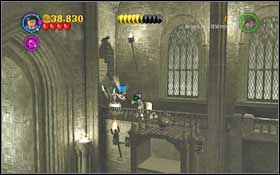 Firstly go right, take the circle off the wall and then jump onto the button - the platforms will stop moving back into the wall - LEGO Harry Potter Years 1-4: Year 2 Part 2 - Walkthrough - Walkthrough - LEGO Harry Potter Years 1-4 Guide & Walkthrough