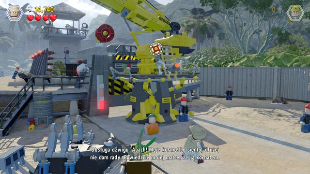 To fix the crane, you need to switch to Robert, aim at the target shown in the screenshot and climb up the ladder to enter the crane - Welcome to Jurassic Park | Jurassic Park - walkthrough - Jurassic Park - walkthrough - LEGO Jurassic World Game Guide & Walkthrough