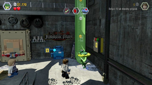 After you pour the fuel into the tank, walk over to the higher section of the room and approach the spot shown in the screenshot, as Zach - Out of Bounds | Jurassic World - walkthrough - Jurassic World - walkthrough - LEGO Jurassic World Game Guide & Walkthrough
