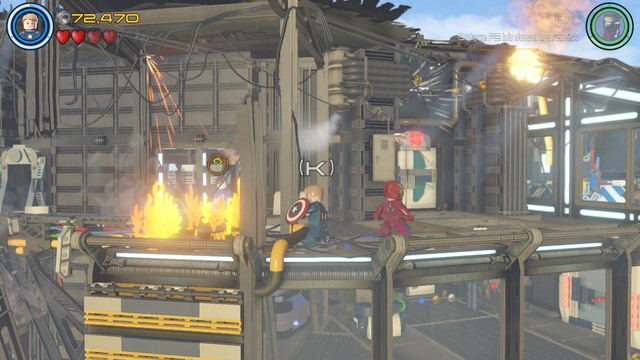 After the characters get through the cliff, use Captain America to put out the fire shown on the picture - Helicarrier Havoc - Walkthrough - LEGO Marvels Avengers - Game Guide and Walkthrough