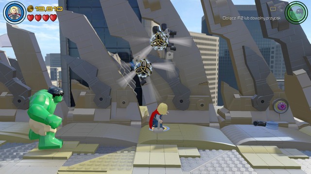 Switch your character to Thor after getting rid of the enemy and destroy the hanging LEGO objects shown on the picture - Earths Mightiest - Walkthrough - LEGO Marvels Avengers - Game Guide and Walkthrough