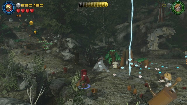 In the place shown on the picture, when Thor is standing on the tree and shooting lightning, go back to the left side - Minikits - Shakespeare in the Park - secrets - LEGO Marvels Avengers - Game Guide and Walkthrough