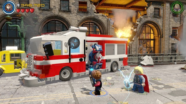 Walk towards the fire truck as Hawkeye and shoot the glass shown on the picture - Characters - Avengers Assemble - secrets - LEGO Marvels Avengers - Game Guide and Walkthrough