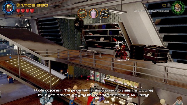 In order to obtain the red brick you must speak with the Collector who is standing on the first floor during the Stark party - Stan Lee / Red brick - No Strings On Me - secrets - LEGO Marvels Avengers - Game Guide and Walkthrough