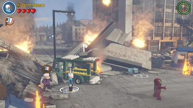 Speak with the Collector next to the green truck in order to receive a task - Stan Lee / Red brick - Rise of Ultron - secrets - LEGO Marvels Avengers - Game Guide and Walkthrough