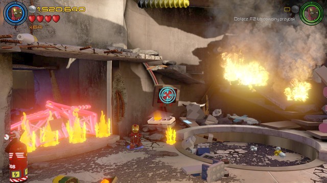 The third screen is on the other side of the fire - Minikits - Ready, A.I.M., Fire - secrets - LEGO Marvels Avengers - Game Guide and Walkthrough