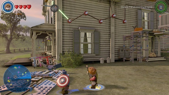 Walk towards the right side of the house on the farm and use Hawkeye to shoot six handles - Golden bricks - Bartons Farm - secrets - LEGO Marvels Avengers - Game Guide and Walkthrough