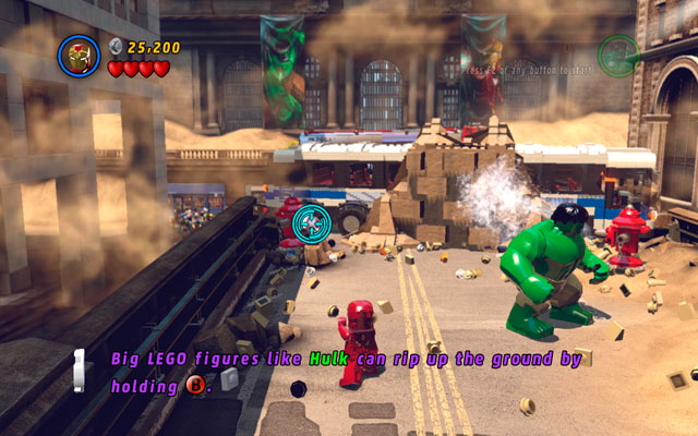 When you reach to the place with red hydrants, use Iron Mans ability to shoot at the silver valves (notice that only characters with missile attack can destroy silver bricks - Sand Central Station | Walkthrough - Walkthrough - LEGO Marvel Super Heroes Game Guide & Walkthrough