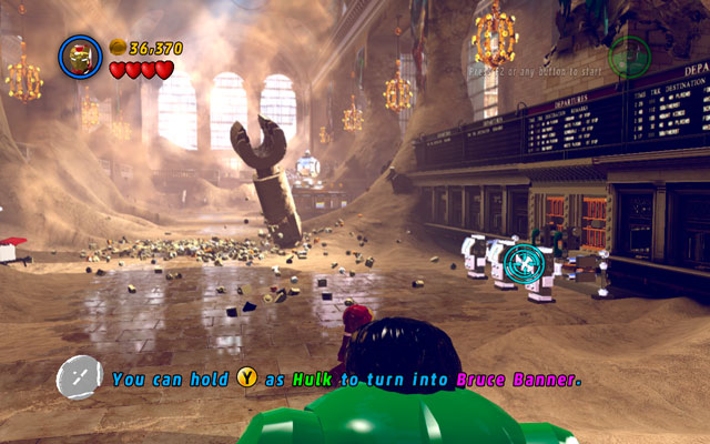 Now its time for Iron Man - steady your aim and shoot at the silver barriers on the right - Sand Central Station | Walkthrough - Walkthrough - LEGO Marvel Super Heroes Game Guide & Walkthrough