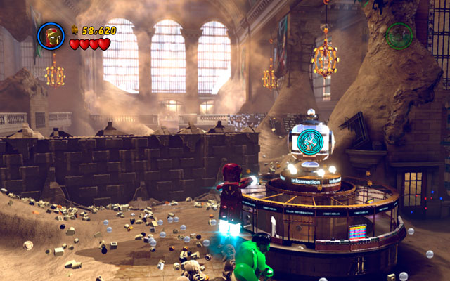 After finishing struggle, move forward and use Iron Mans rockets to shoot at the silver ball placed on the right - Sand Central Station | Walkthrough - Walkthrough - LEGO Marvel Super Heroes Game Guide & Walkthrough