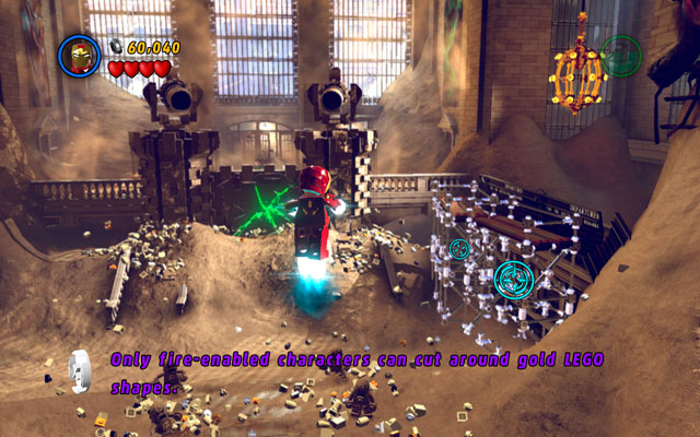 Use Iron Mans rockets once again, destroying balustrade on the right - Sand Central Station | Walkthrough - Walkthrough - LEGO Marvel Super Heroes Game Guide & Walkthrough