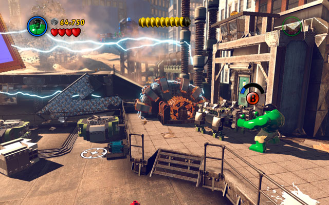 When satellite goes down and turn into pieces, build another device with green handles from adjacent debris - Sand Central Station | Walkthrough - Walkthrough - LEGO Marvel Super Heroes Game Guide & Walkthrough