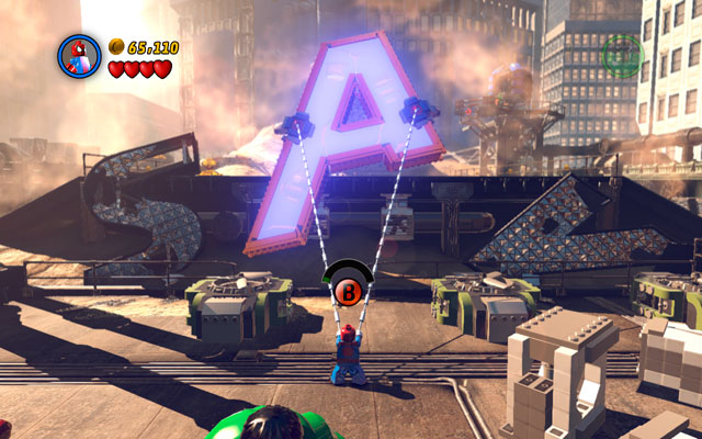 Finally go to the central part of the location and use spiders web at the big A letter - Sand Central Station | Walkthrough - Walkthrough - LEGO Marvel Super Heroes Game Guide & Walkthrough