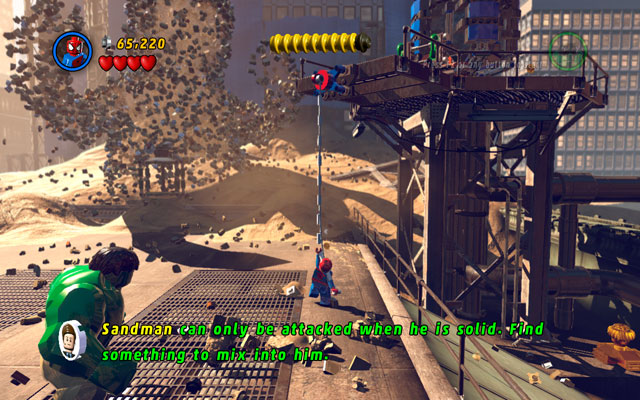 On the right side of the location you will find a blue-red panel - use it with Spider-Man, to make a rope - Sand Central Station | Walkthrough - Walkthrough - LEGO Marvel Super Heroes Game Guide & Walkthrough