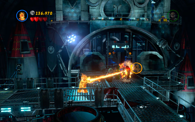 Turn invisibility on and run between two cannons, heading to the right - Red Head Detention | Walkthrough - Walkthrough - LEGO Marvel Super Heroes Game Guide & Walkthrough