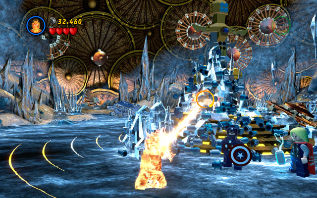 Enter the next room and use Human Torchs flame beam to melt an ice block located on the machine standing in the central part of the arena - Bifrosty Reception | Walkthrough - Walkthrough - LEGO Marvel Super Heroes Game Guide & Walkthrough