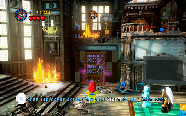 In new location defeat all enemies, then approach to the bookshelves located on the right side of the building - Juggernauts and Crosses | Walkthrough - Walkthrough - LEGO Marvel Super Heroes Game Guide & Walkthrough