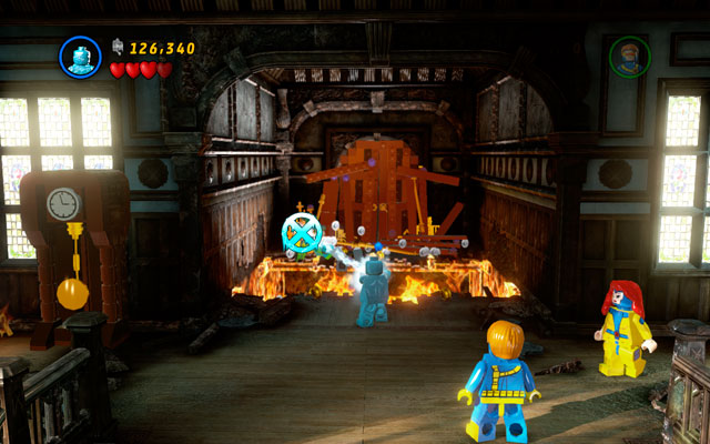 When all superheroes are ready, switch into Iceman and put out all the fires burning near to the exit - Juggernauts and Crosses | Walkthrough - Walkthrough - LEGO Marvel Super Heroes Game Guide & Walkthrough