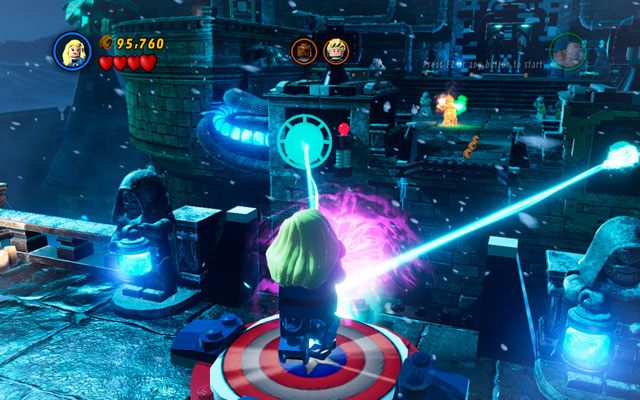 Choose the Thing and lift up a crate with green handles (it is standing on the right side of the roof), then throw it at the pillar on the opposite side of the gap - Doctor in the House | Walkthrough - Walkthrough - LEGO Marvel Super Heroes Game Guide & Walkthrough