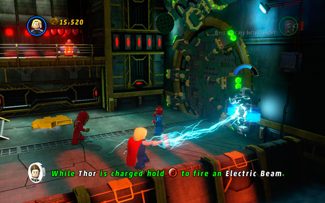 Jump down and approach to the burning barrels - That Sinking Feeling | Walkthrough - Walkthrough - LEGO Marvel Super Heroes Game Guide & Walkthrough