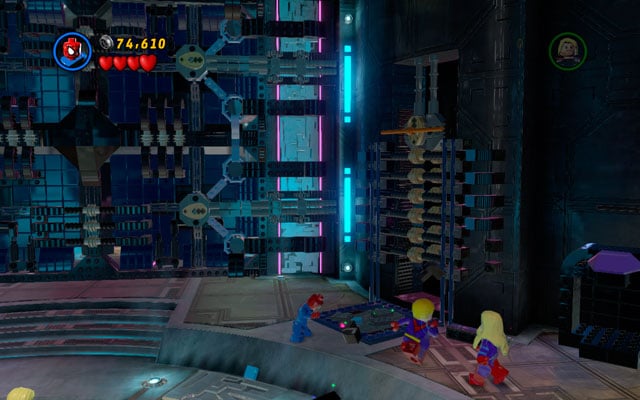 Move further, fighting with another group of enemies, then use spider sense to uncover the passage to the upper level - Magnetic Personality | Walkthrough - Walkthrough - LEGO Marvel Super Heroes Game Guide & Walkthrough