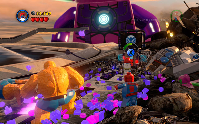 Choose the Thing again and approach to the jet crushed on the right side, then throw it away - The Good, the Bad and the Hungry | Walkthrough - Walkthrough - LEGO Marvel Super Heroes Game Guide & Walkthrough