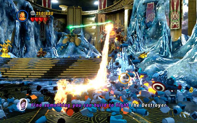 Wait for an ice block to appear, then melt it with Human Torch and build another platform for Captain America from the debris - Loki | Boss fights - Boss fights - LEGO Marvel Super Heroes Game Guide & Walkthrough